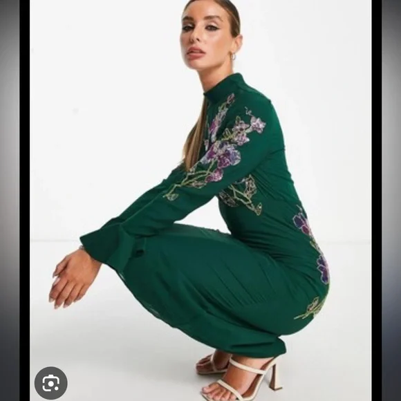 ASOS Green Midi Dress with Pink & Purple Floral Embroidery - Picture 4 of 15